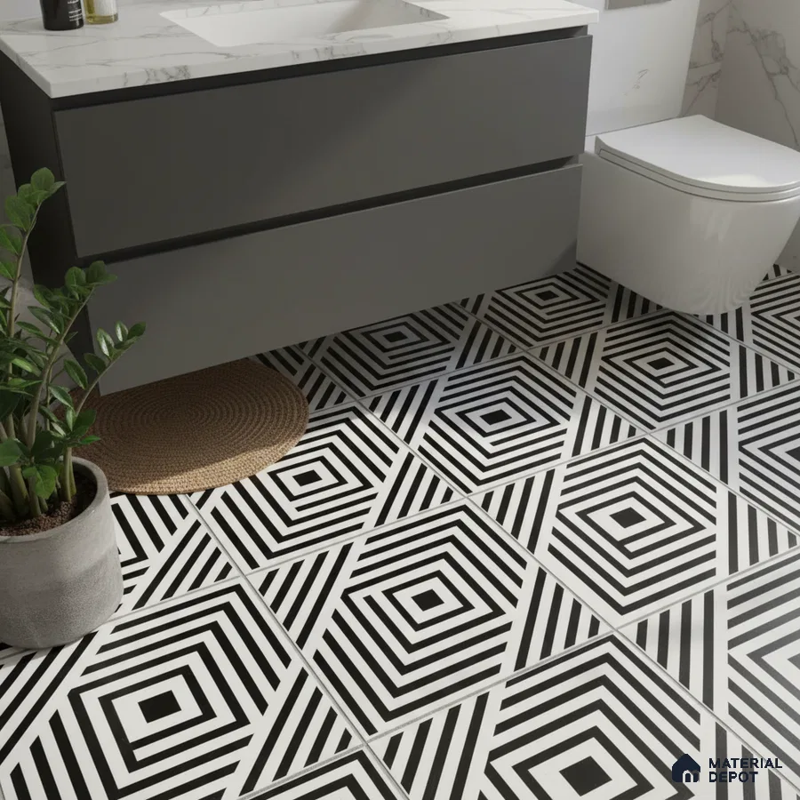 Modern bathroom with geometric black-and-white floor tiles and marble countertop vanity