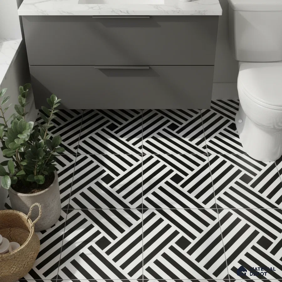 Modern bathroom with geometric black-and-white floor tiles and grey vanity with marble countertop