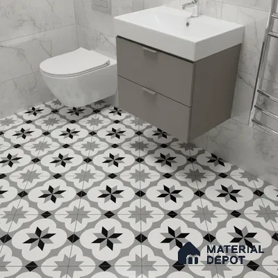 Modern bathroom with marble wall tiles and black-and-white geometric patterned floor tiles