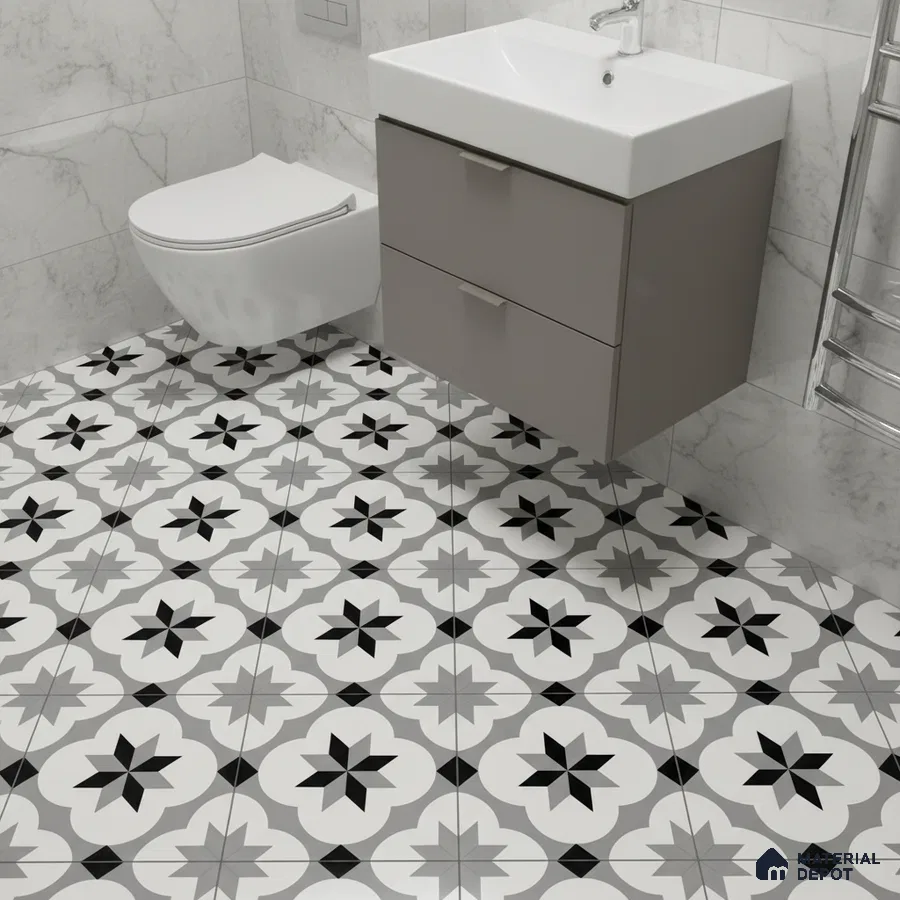 Modern bathroom with marble wall tiles and black-and-white geometric patterned floor tiles