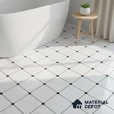 Minimalist bathroom with white marble-look geometric floor tiles