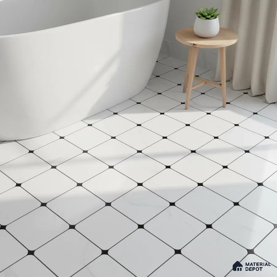 Minimalist bathroom with white marble-look geometric floor tiles