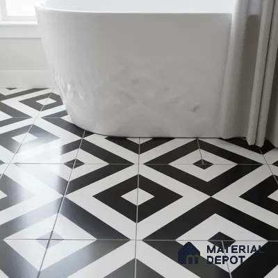 Modern bathroom with black-and-white geometric patterned floor tiles