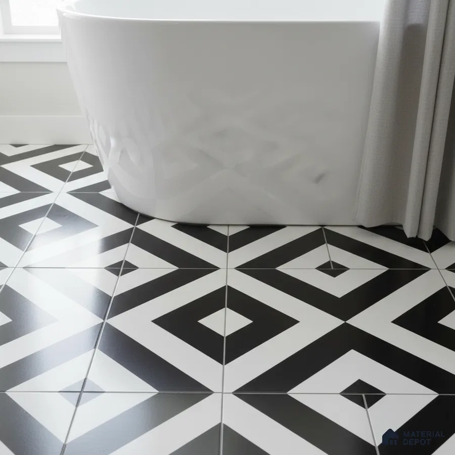 Modern bathroom with black-and-white geometric patterned floor tiles