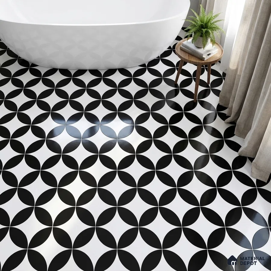Modern bathroom with black-and-white geometric patterned floor tiles
