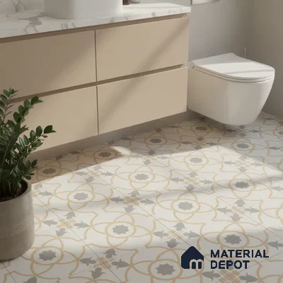 Modern bathroom with beige laminate vanity, marble countertop, and patterned floor tiles