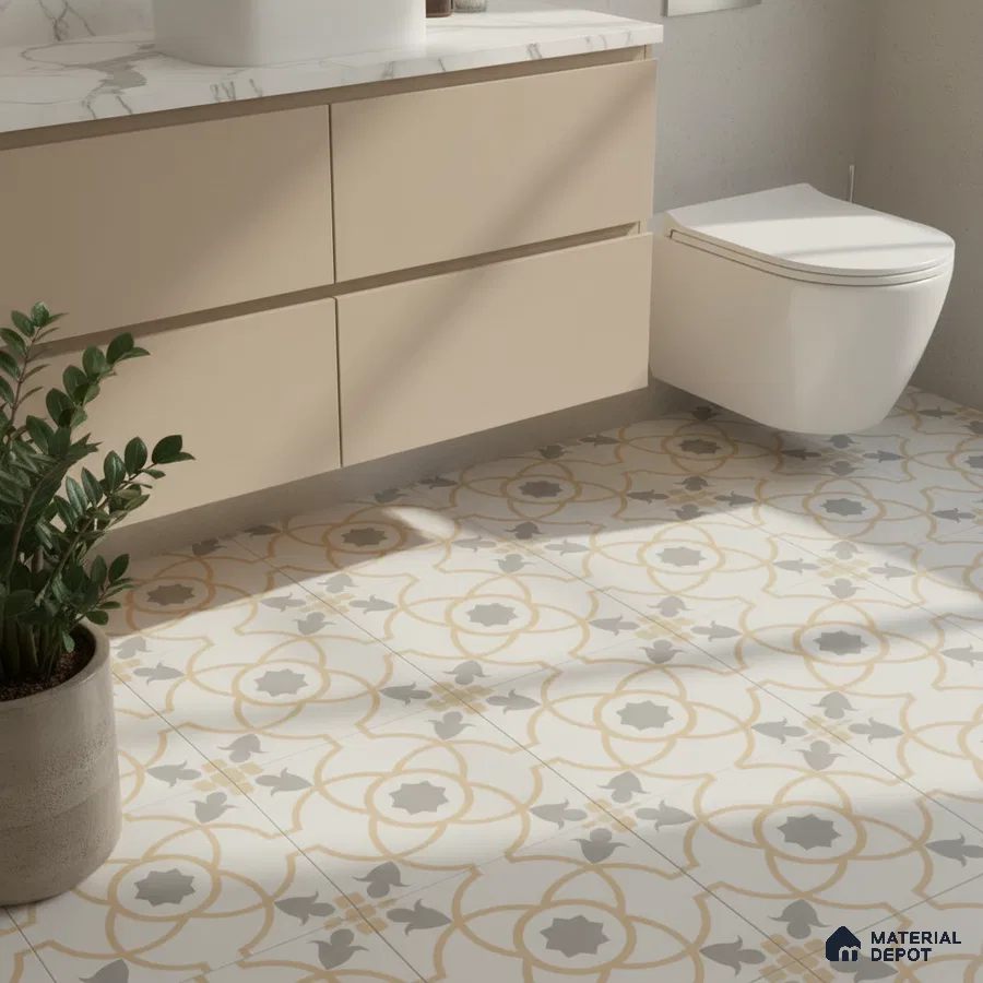 Modern bathroom with beige laminate vanity, marble countertop, and patterned floor tiles