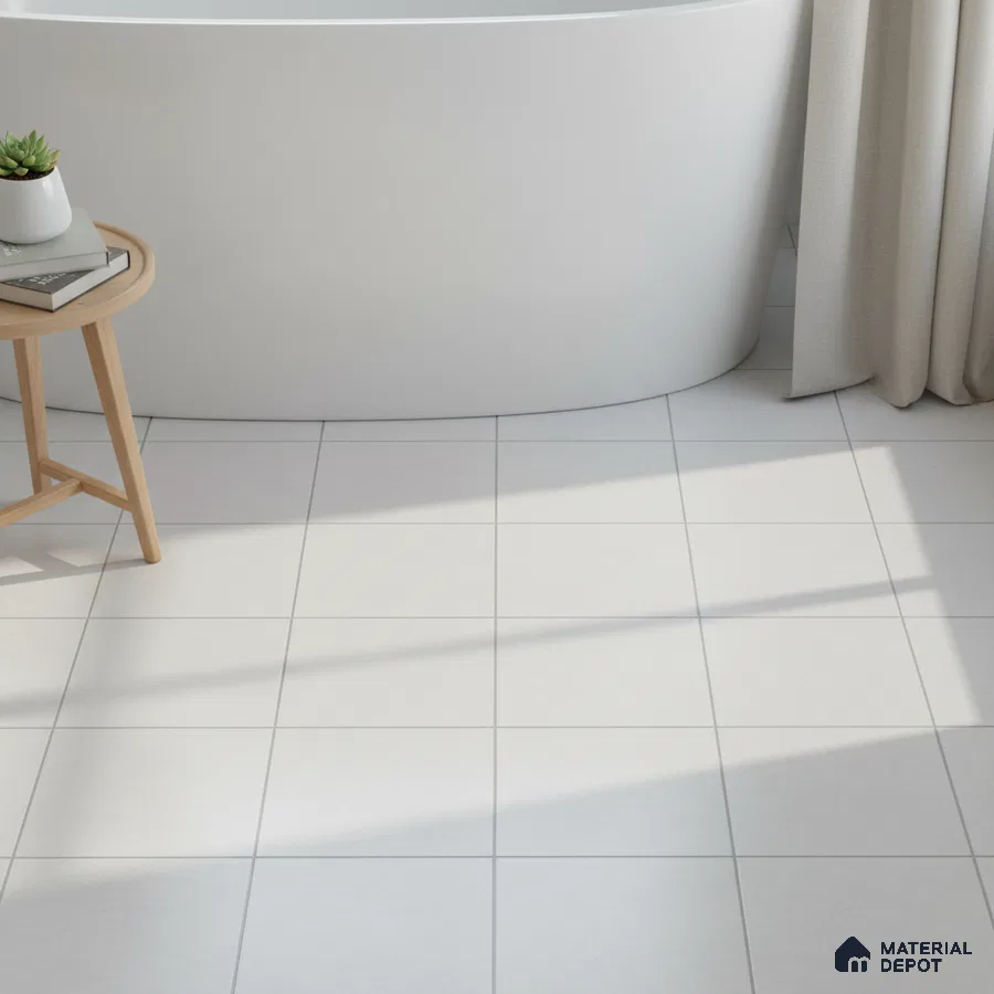 Minimalist bathroom with matte white floor tiles and freestanding tub