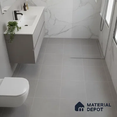 Minimalist bathroom with grey floor tiles and white marble-look wall tiles