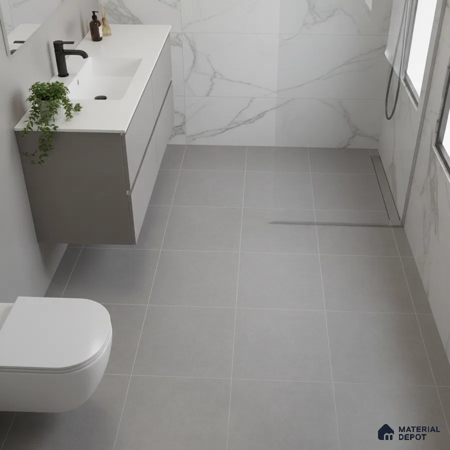 Minimalist bathroom with grey floor tiles and white marble-look wall tiles