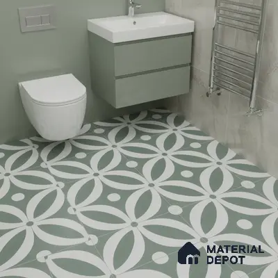 Modern bathroom with sage green vanity and geometric patterned floor tiles