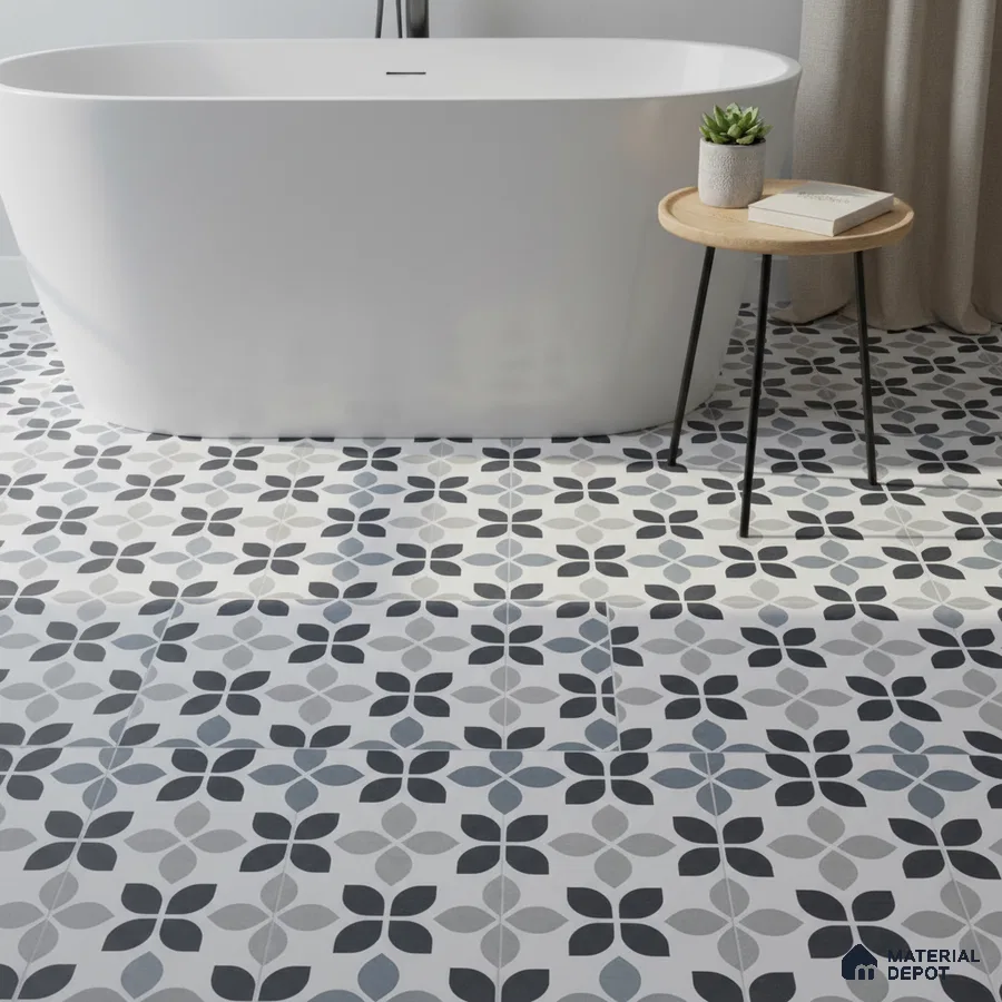 Modern bathroom with black and grey floral patterned floor tiles and freestanding tub