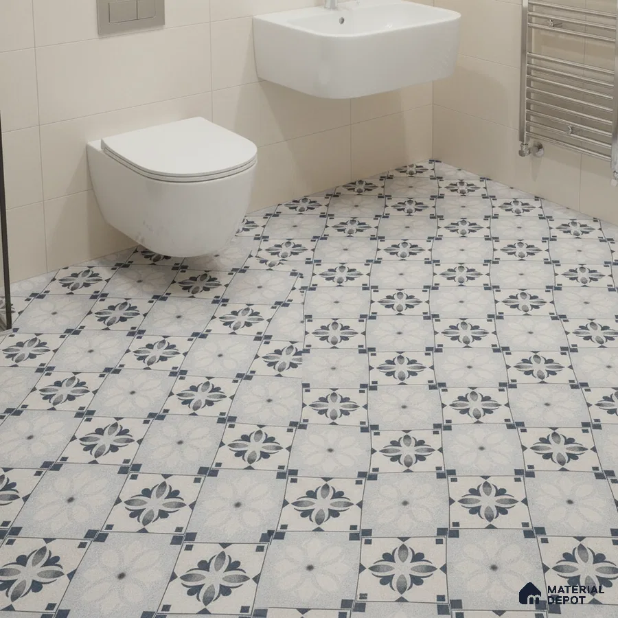 Modern bathroom with blue and white floral patterned floor tiles and beige wall tiles