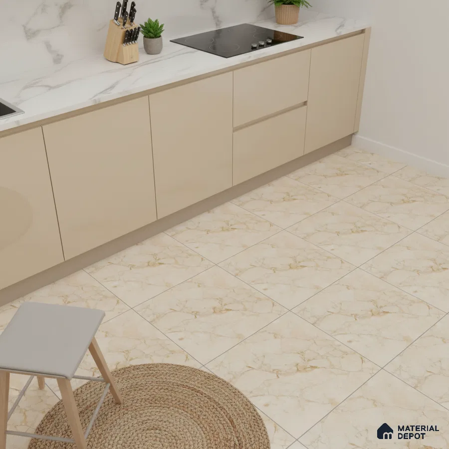 Modern kitchen with beige high gloss laminate cabinets, white marble backsplash, and cream marble floor tiles