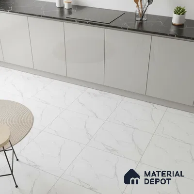 Minimalist kitchen with glossy grey laminate cabinets, black marble-look countertop, and white marble floor tiles