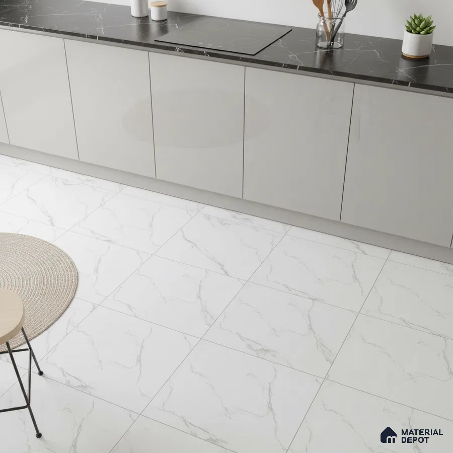 Minimalist kitchen with glossy grey laminate cabinets, black marble-look countertop, and white marble floor tiles