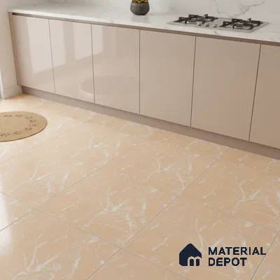 Modern kitchen with beige high gloss laminate cabinets, white marble-look quartz countertop, and peach marble floor tiles