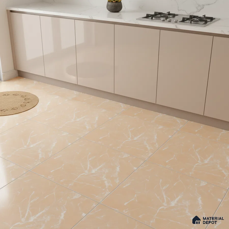 Modern kitchen with beige high gloss laminate cabinets, white marble-look quartz countertop, and peach marble floor tiles