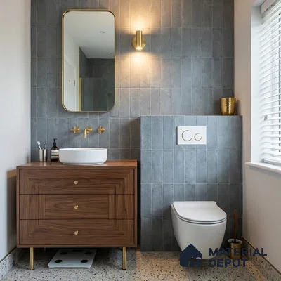 Industrial Bathroom with Grey Matte Stacked Subway Tile and Terrazzo Floor