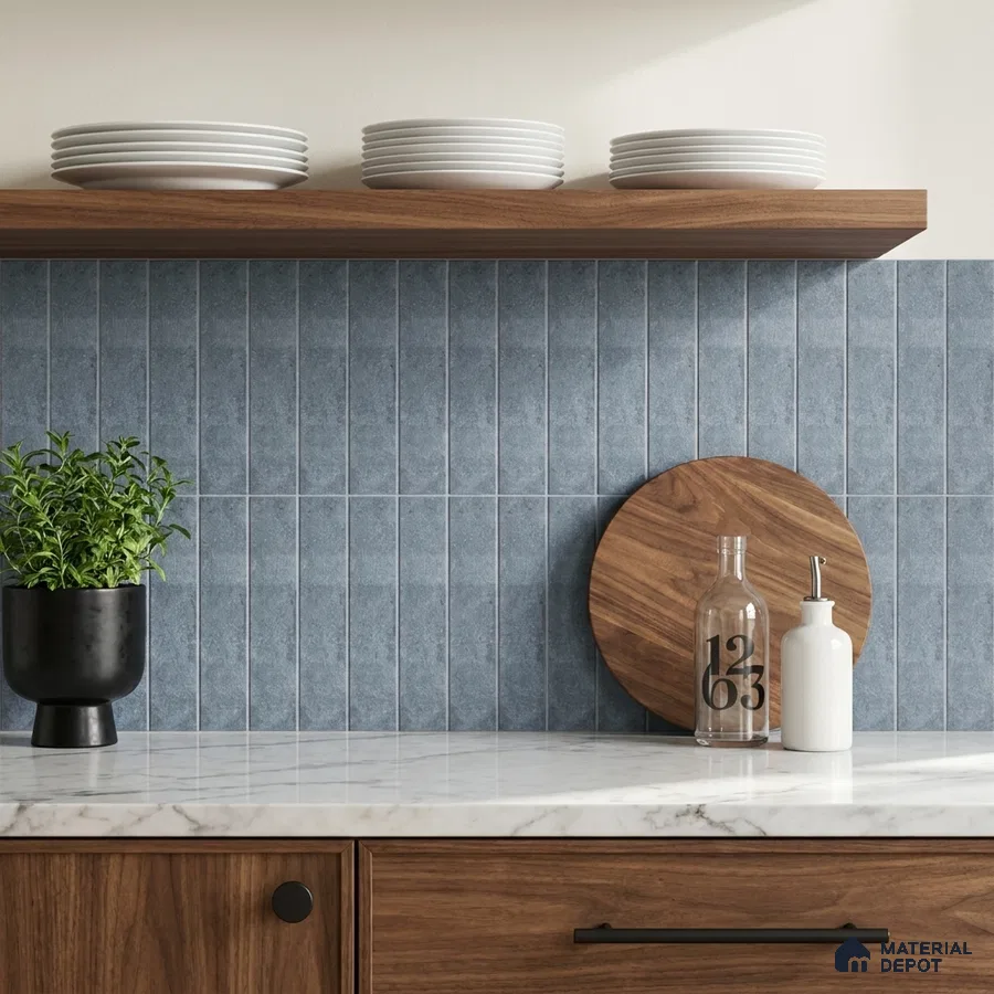 Modern Kitchen with Blue-Grey Stacked Subway Backsplash Tile and Walnut Cabinets