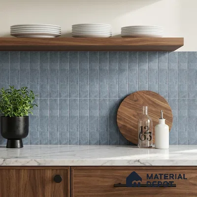 Modern Kitchen with Blue-Grey Stacked Subway Backsplash Tile and Walnut Cabinets