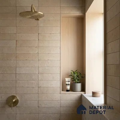 Minimalist Bathroom with Beige Stone-Look Subway Tile and Brass Fixtures