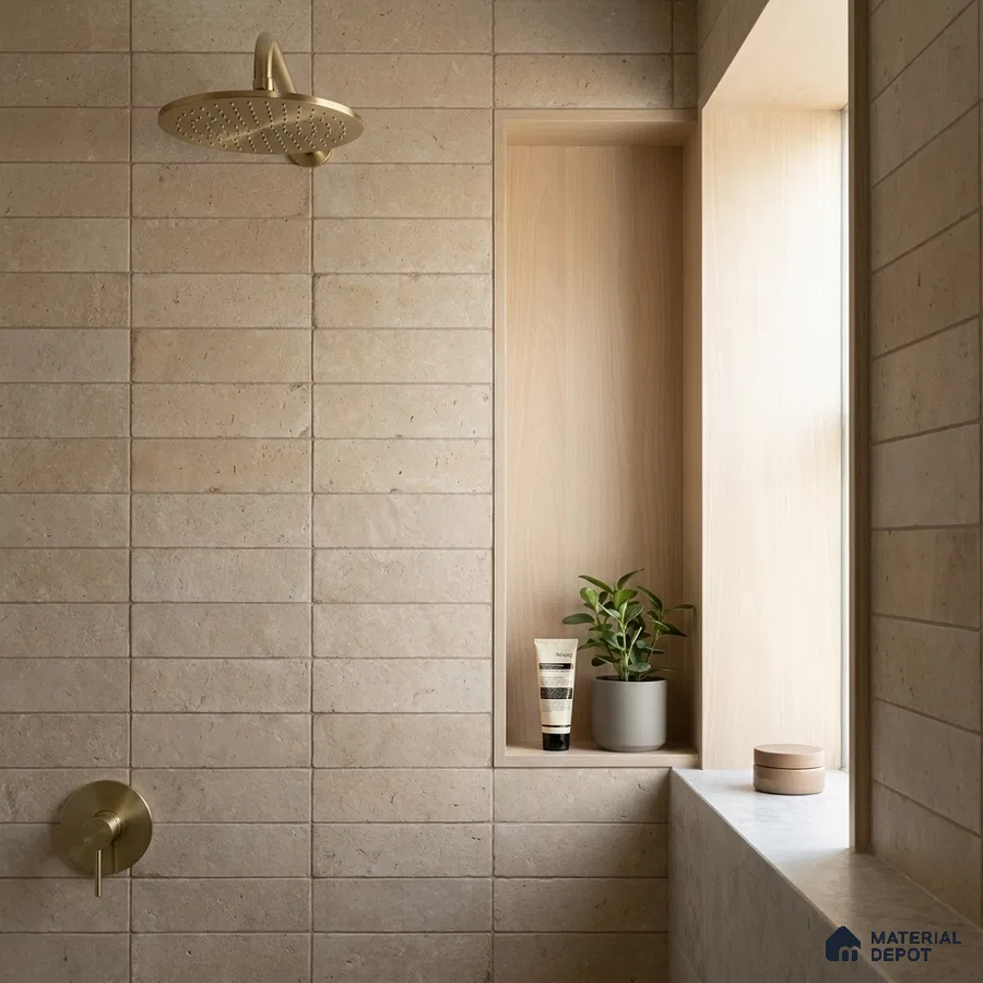 Minimalist Bathroom with Beige Stone-Look Subway Tile and Brass Fixtures