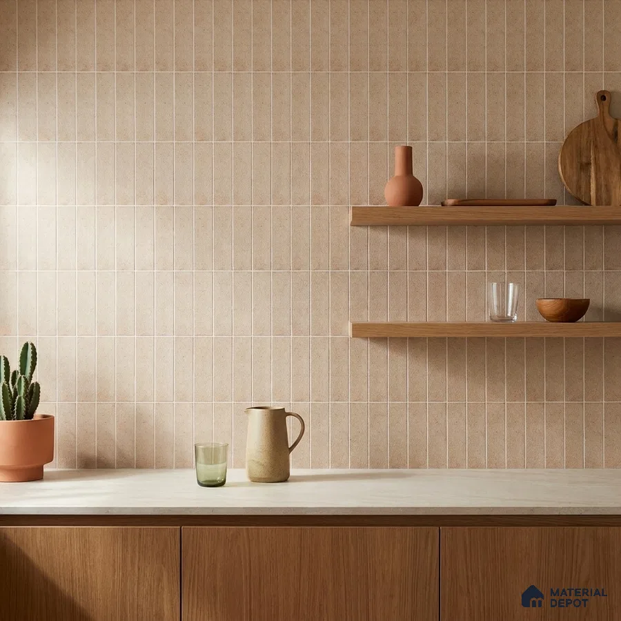 Scandinavian Kitchen with Sandy Beige Subway Backsplash Tile and Oak Cabinets