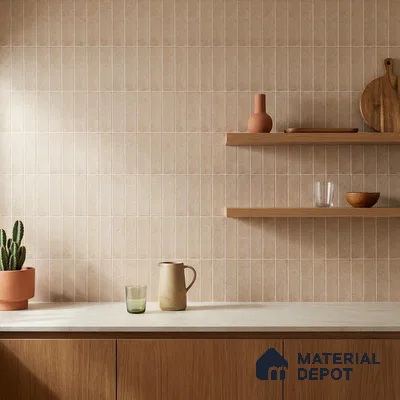 Scandinavian Kitchen with Sandy Beige Subway Backsplash Tile and Oak Cabinets