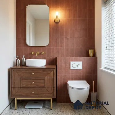 Mid-century Modern Bathroom with Maroon Subway Tile and Walnut Vanity