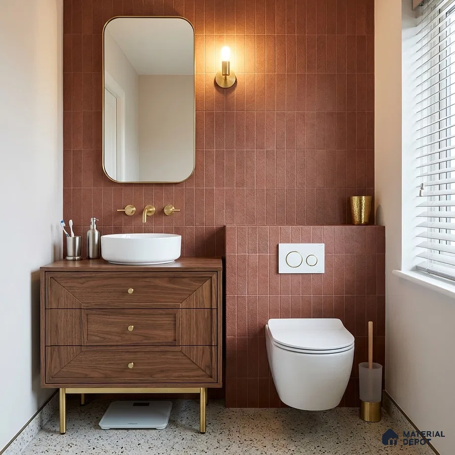 Mid-century Modern Bathroom with Maroon Subway Tile and Walnut Vanity