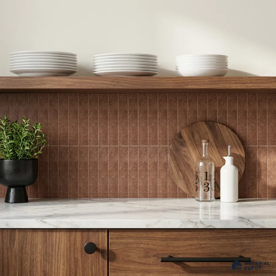 Mid-century Modern Kitchen with Terracotta Brown Subway Backsplash Tile and Walnut Cabinets