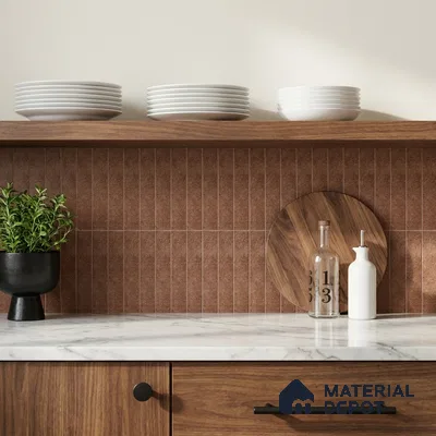 Mid-century Modern Kitchen with Terracotta Brown Subway Backsplash Tile and Walnut Cabinets