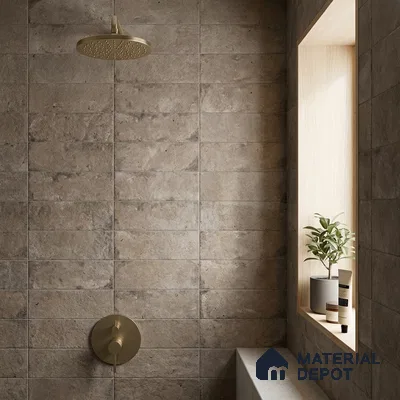 Industrial Bathroom with Taupe Brown Stone-Look Subway Tile and Brass Fixtures