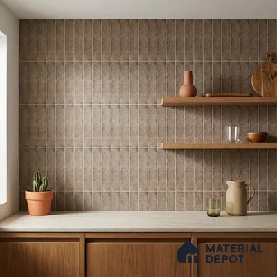 Scandinavian Kitchen with Taupe Brown Subway Backsplash Tile and Oak Cabinets