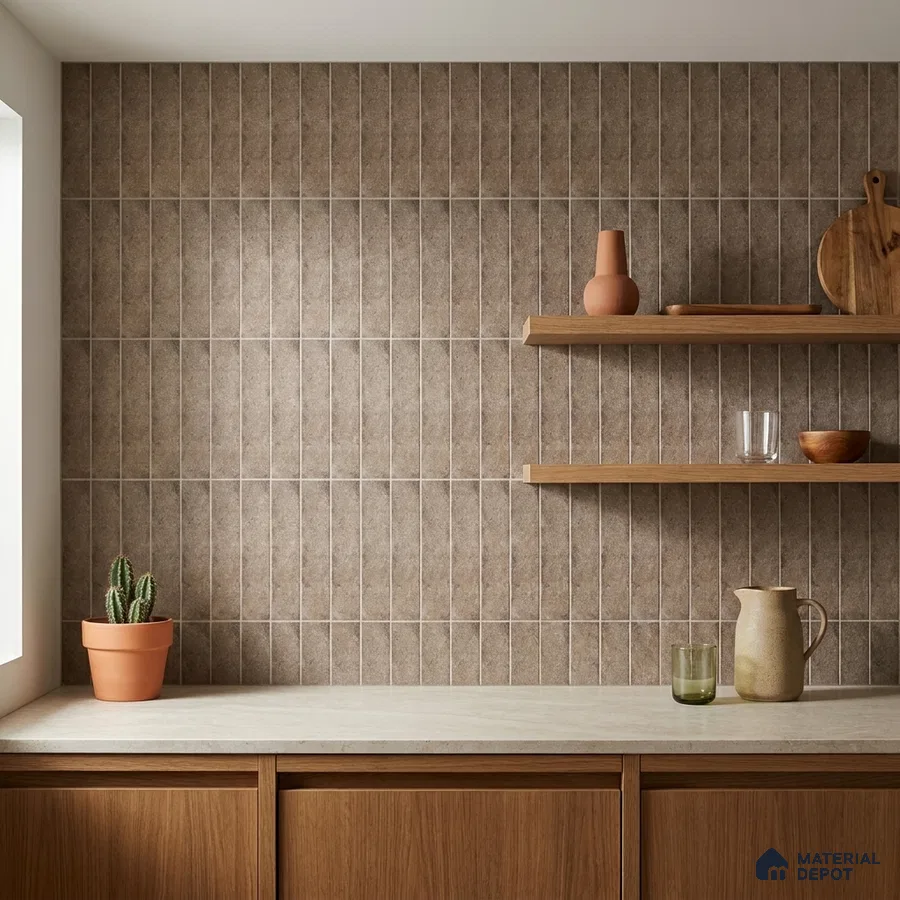 Scandinavian Kitchen with Taupe Brown Subway Backsplash Tile and Oak Cabinets