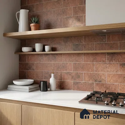 Industrial Kitchen with Rustic Terracotta Subway Backsplash Tile and Oak Shelves