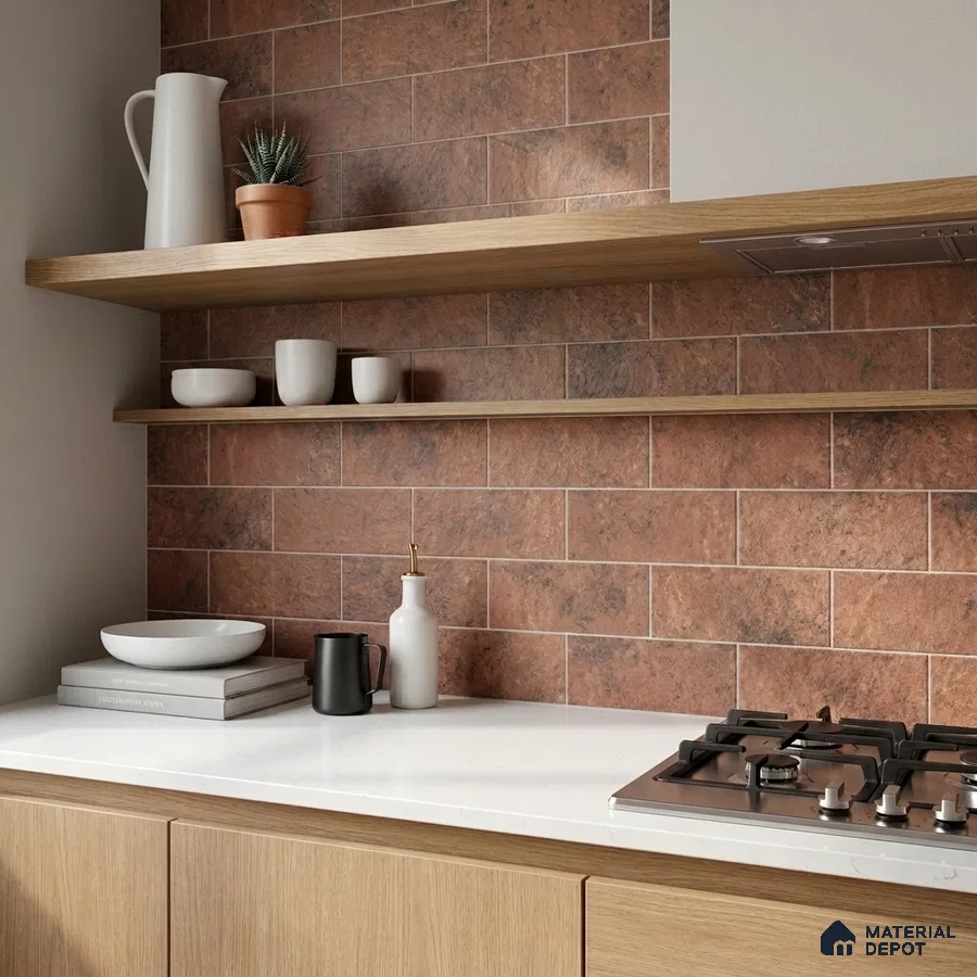 Industrial Kitchen with Rustic Terracotta Subway Backsplash Tile and Oak Shelves
