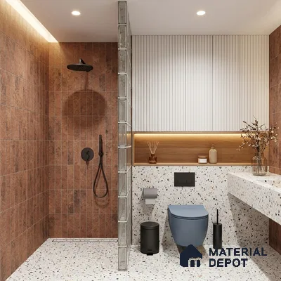 Industrial Bathroom with Rustic Terracotta Subway Shower Tile and Terrazzo Floor