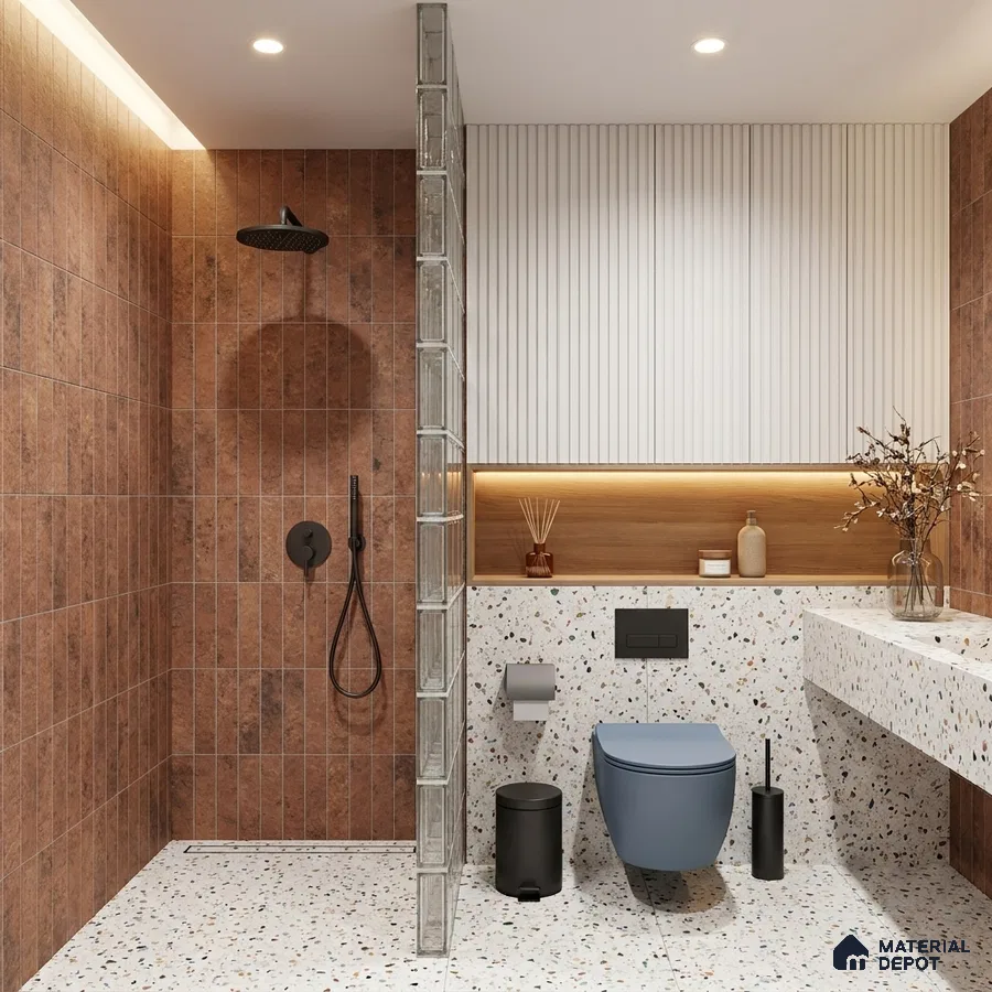 Industrial Bathroom with Rustic Terracotta Subway Shower Tile and Terrazzo Floor
