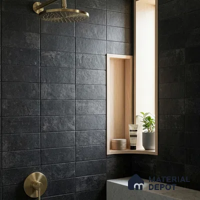 Industrial Bathroom with Charcoal Black Stone-Look Subway Tile and Brass Fixtures