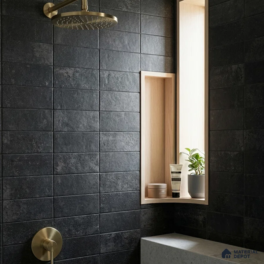 Industrial Bathroom with Charcoal Black Stone-Look Subway Tile and Brass Fixtures