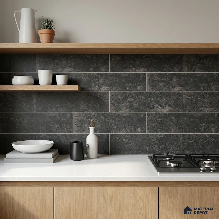 Industrial Kitchen with Charcoal Black Subway Backsplash Tile and Oak Cabinets