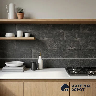Industrial Kitchen with Charcoal Black Subway Backsplash Tile and Oak Cabinets