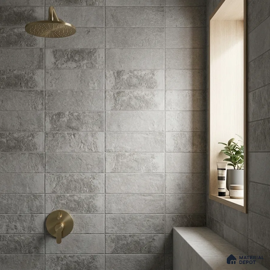 Industrial Bathroom with Grey Stone-Look Subway Tile and Brass Fixtures