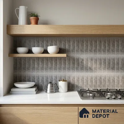 Scandinavian Kitchen with Grey Stone-Look Subway Backsplash Tile and Oak Cabinets