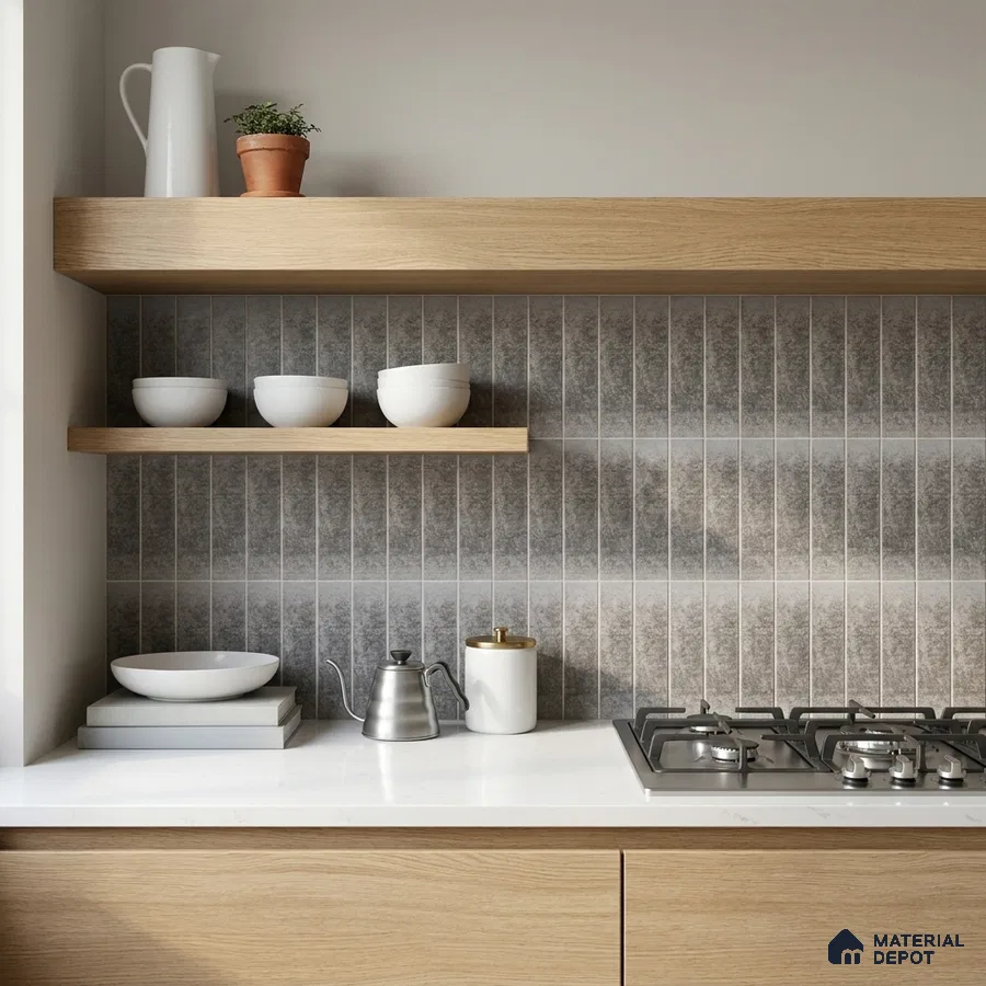 Scandinavian Kitchen with Grey Stone-Look Subway Backsplash Tile and Oak Cabinets