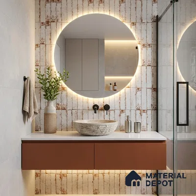 Industrial Bathroom with Rustic White and Rust Subway Tile and Terracotta Vanity