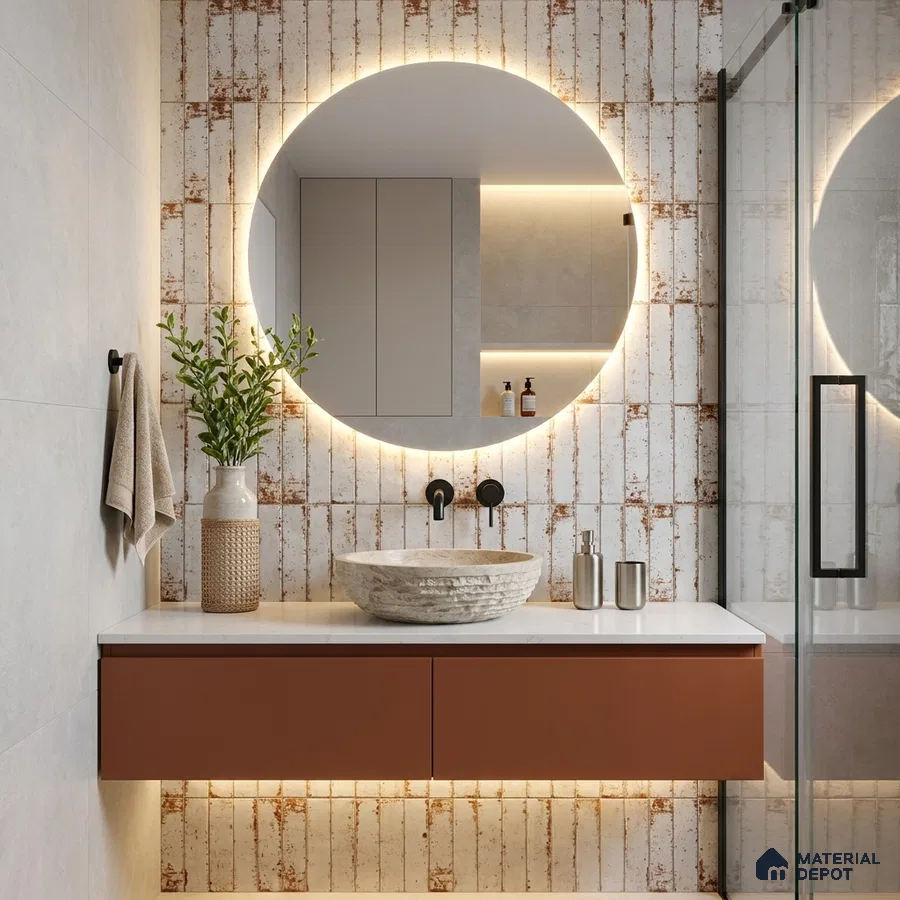 Industrial Bathroom with Rustic White and Rust Subway Tile and Terracotta Vanity