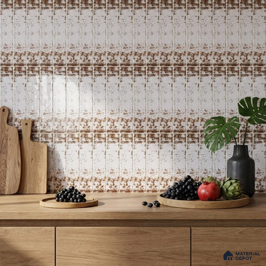 Industrial Kitchen with Rustic White and Rust Subway Backsplash Tile and Oak Cabinets